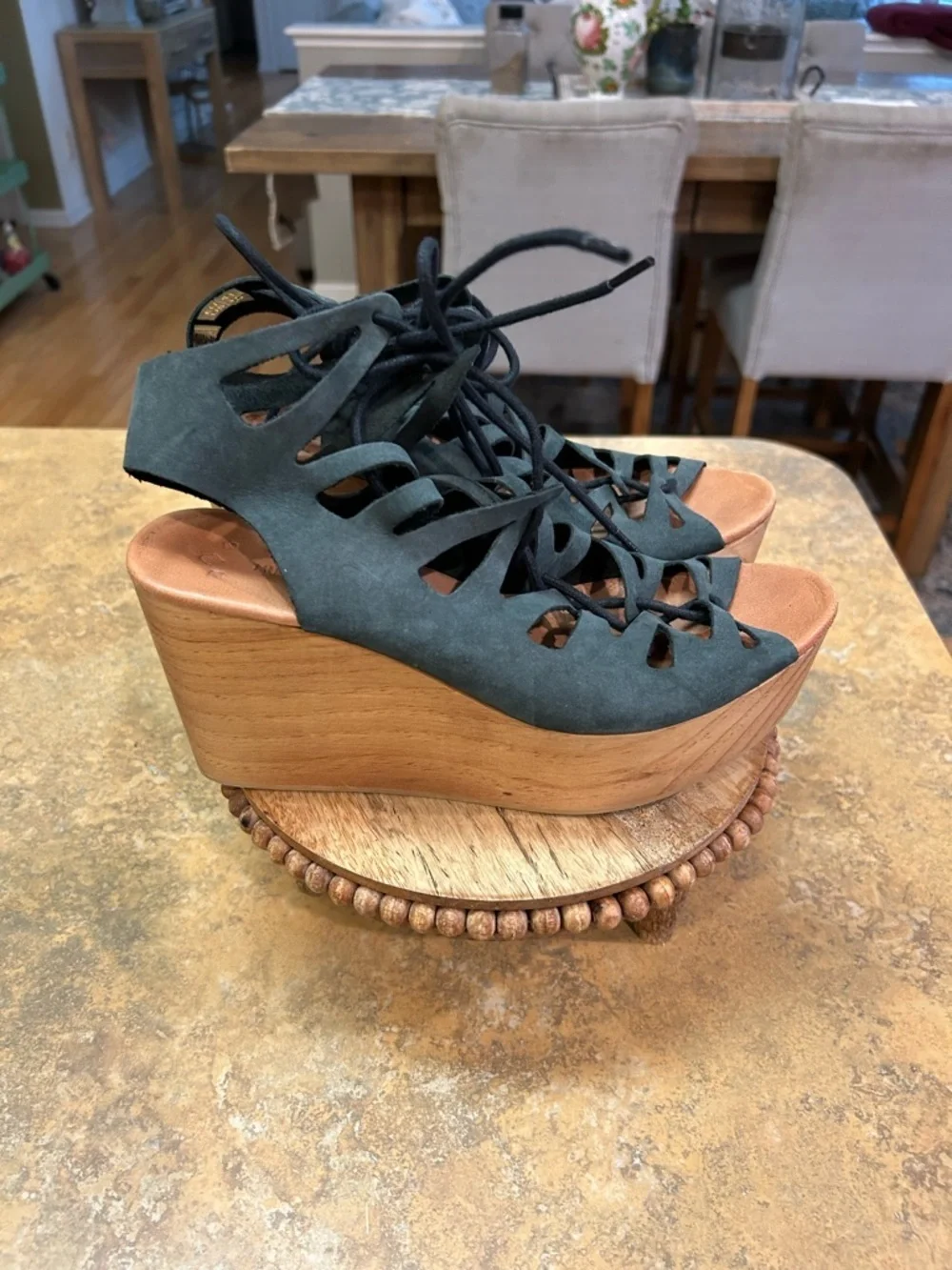 Muse & Cloud Oneka Lace-Up Cutout Suede Retro Wood Platform Sandals